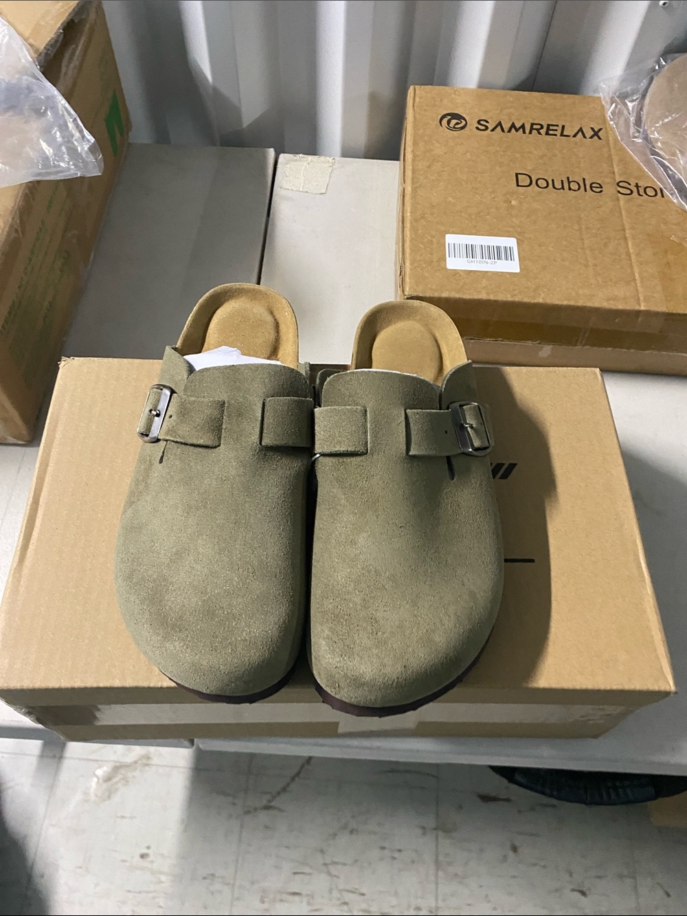Suede Buckle Backless Mule in Olive - Women's Clog 7,5